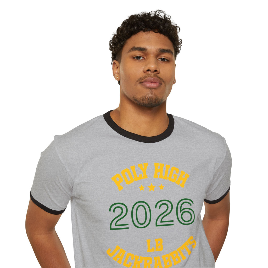 LB Poly Premium Personalizable "Graduation Year" Badge Unisex Ringer T-Shirt